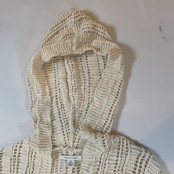 American Eagle Women's Sweater XS/S Beige Crochet Duster Open Front Wrap Hood - Picture 4 of 11